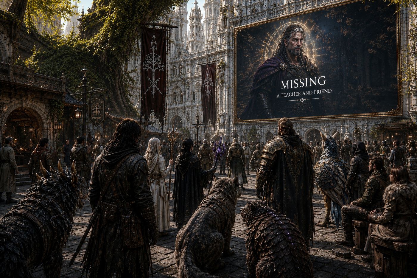 A crowded city square beneath a lit screen