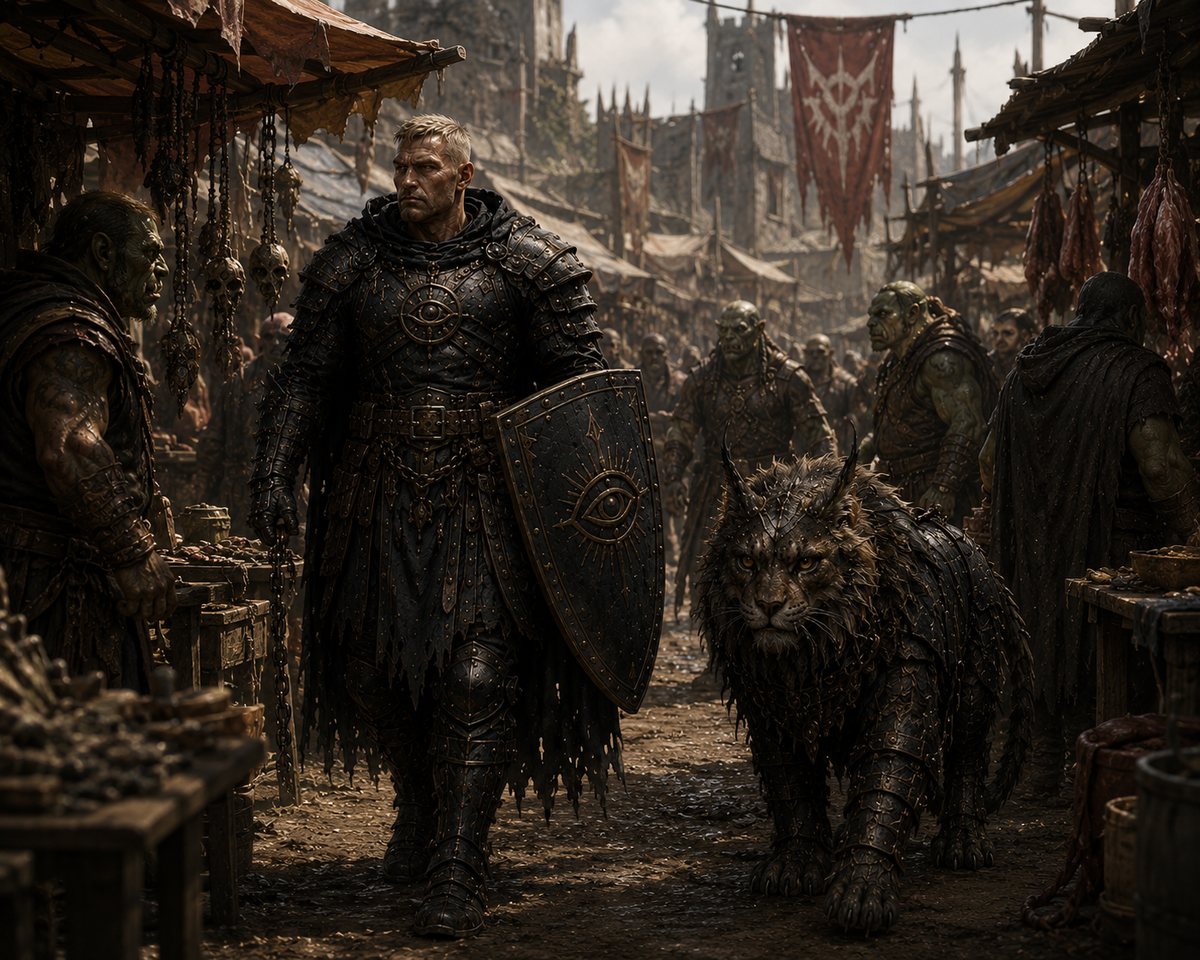 Stahlwall walking a crowded market road, shield on his arm, Korthos beside him