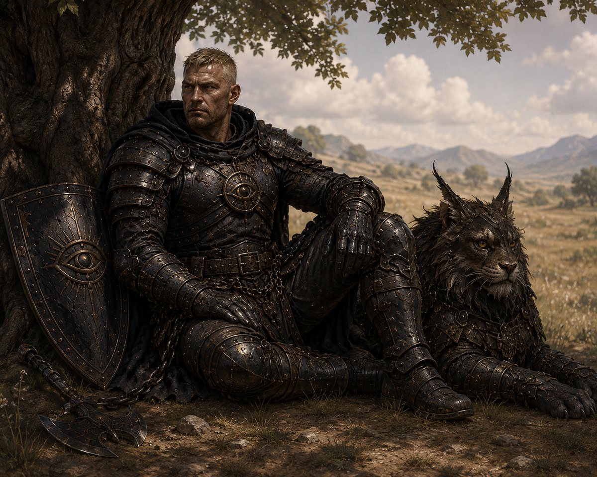 Stahlwall resting against a tree in open country, shield propped beside him, Korthos lying alongside