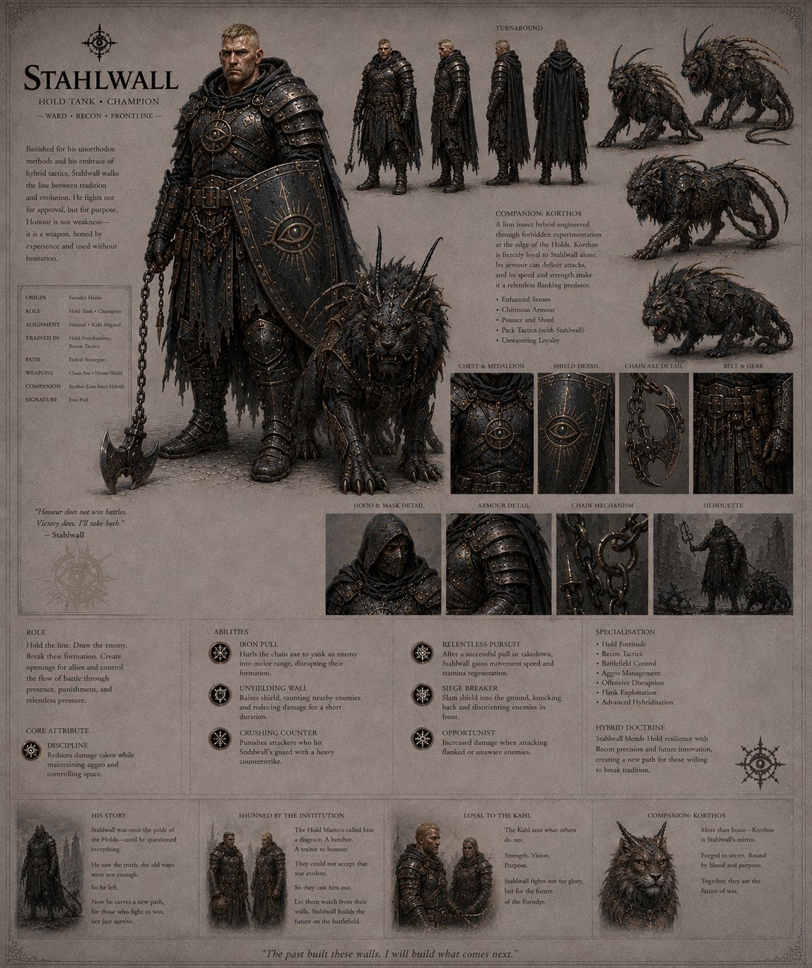 Stahlwall character specification sheet: turnaround, gear detail, companion Korthos, role and abilities