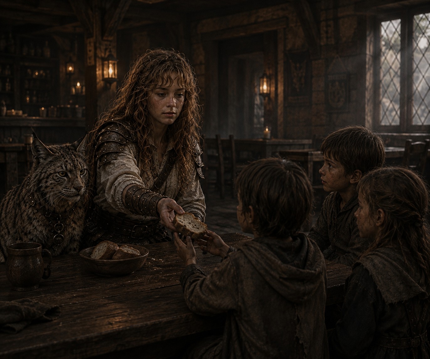 Stix in a quiet tavern, Feeling starving children Freyja beside her