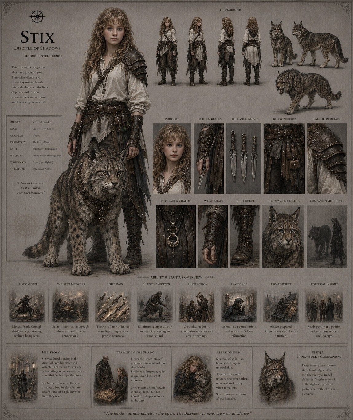 Stix character specification sheet: turnaround, gear detail, companion Freyja, role and abilities